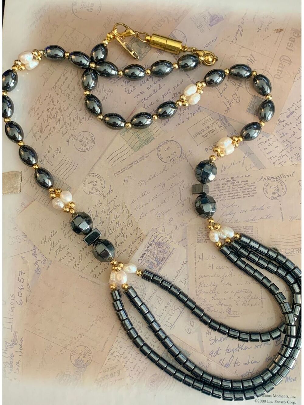 Vintage Hematite & Freshwater Pearl Multi-Strand Magnet Closure Necklace